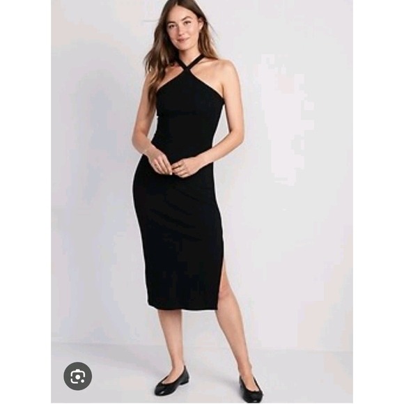 Old Navy Dresses & Skirts - NEW Old Navy Black Ribbed Knit Halter Side Slit Fitted Midi Dress Size Large